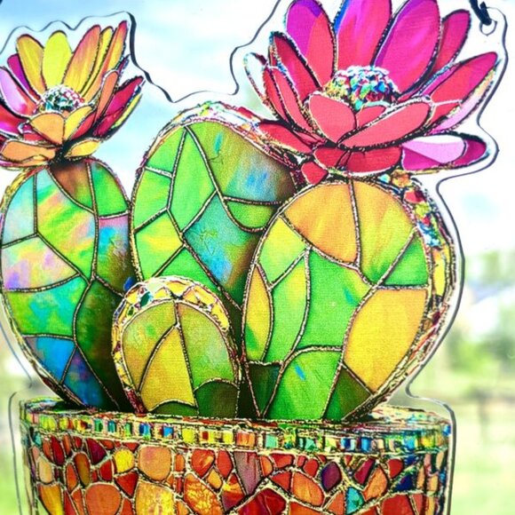 Vibrant 2D Acrylic Potted Flowering Cactus Cacti Sun Catcher Window Hanging New - Picture 3 of 3